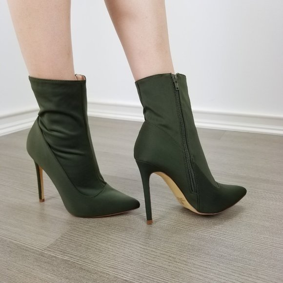 Olive Pointy Toe Sexy Stiletto Ankle Sock Boots - Picture 4 of 11